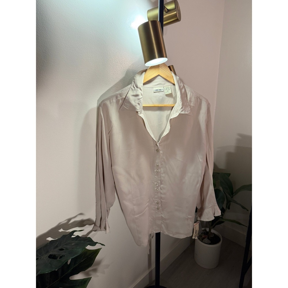 Cherokee Brand Cream Rayon Button Down‎ Blouse Ruffle Cuff Back Tie XL